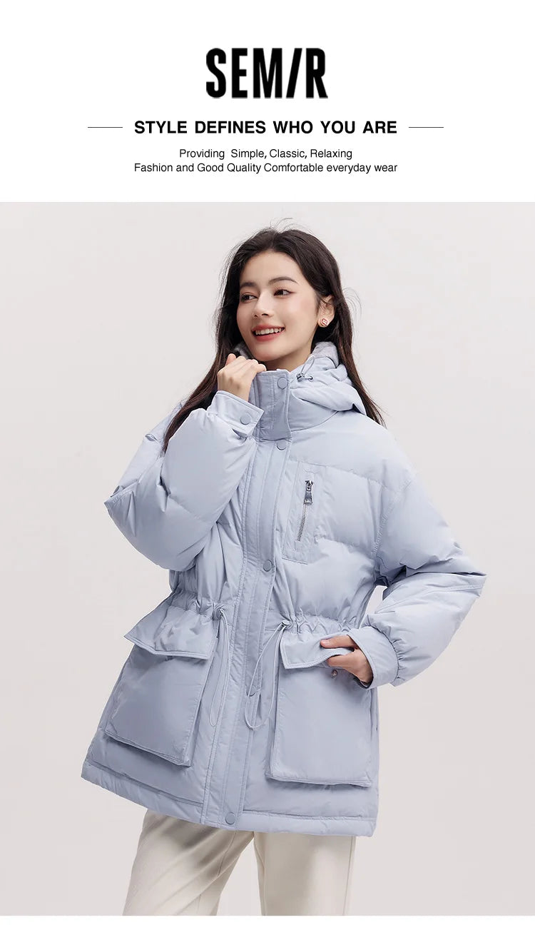 Semir Mid-Length Down Jacket Women Hooded Loose Fit Waist Cinching 2025 New Winter Minimalist Style