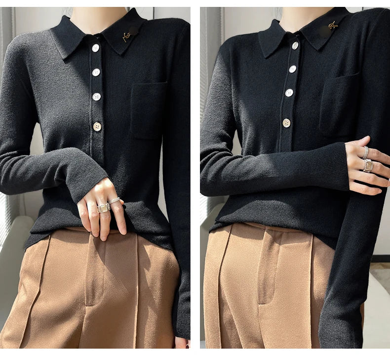 Women 100% Pure Merino Wool Soft Sweater Polo Collar Pullover Autumn Winter Casual Knit Tops Solid Color Regular Female Knitwear