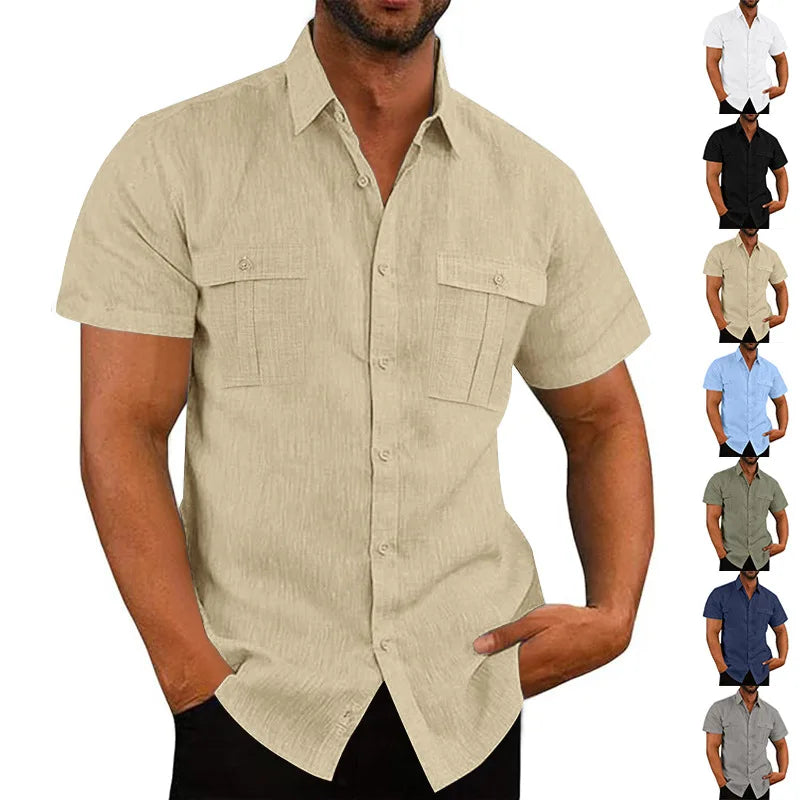 Men's Cotton Linen Short-Sleeved Shirt Summer Solid Color Stand-Up Collar Casual Beach Style plus Size S-5XL