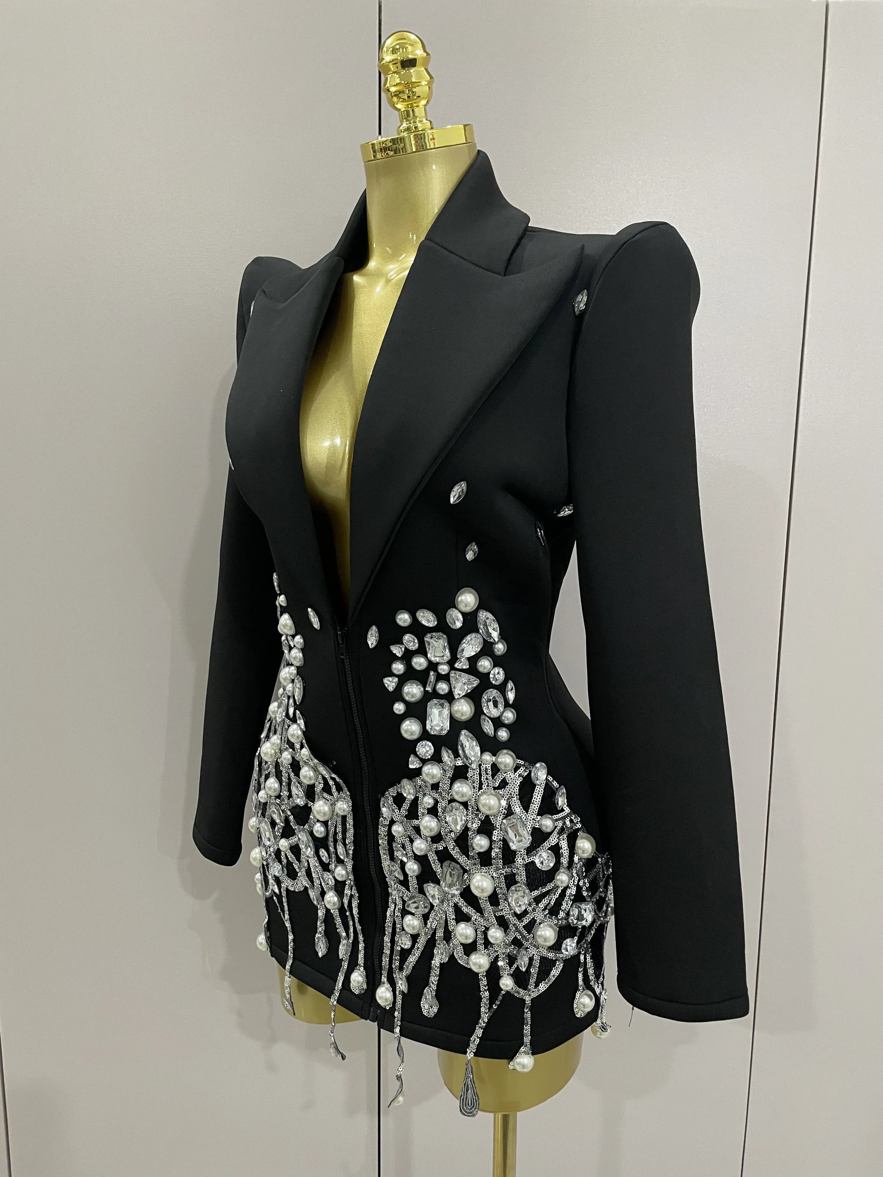 Sparkly Crystal Chains Pearls Long Sleeve Mini Dress 2025 Women Birthday Evening Party Nightclub Outfit Singer Wedding Costume