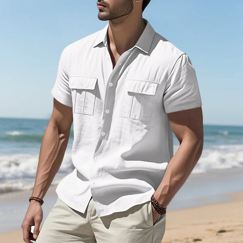 Men's Cotton Linen Short-Sleeved Shirt Summer Solid Color Stand-Up Collar Casual Beach Style plus Size S-5XL