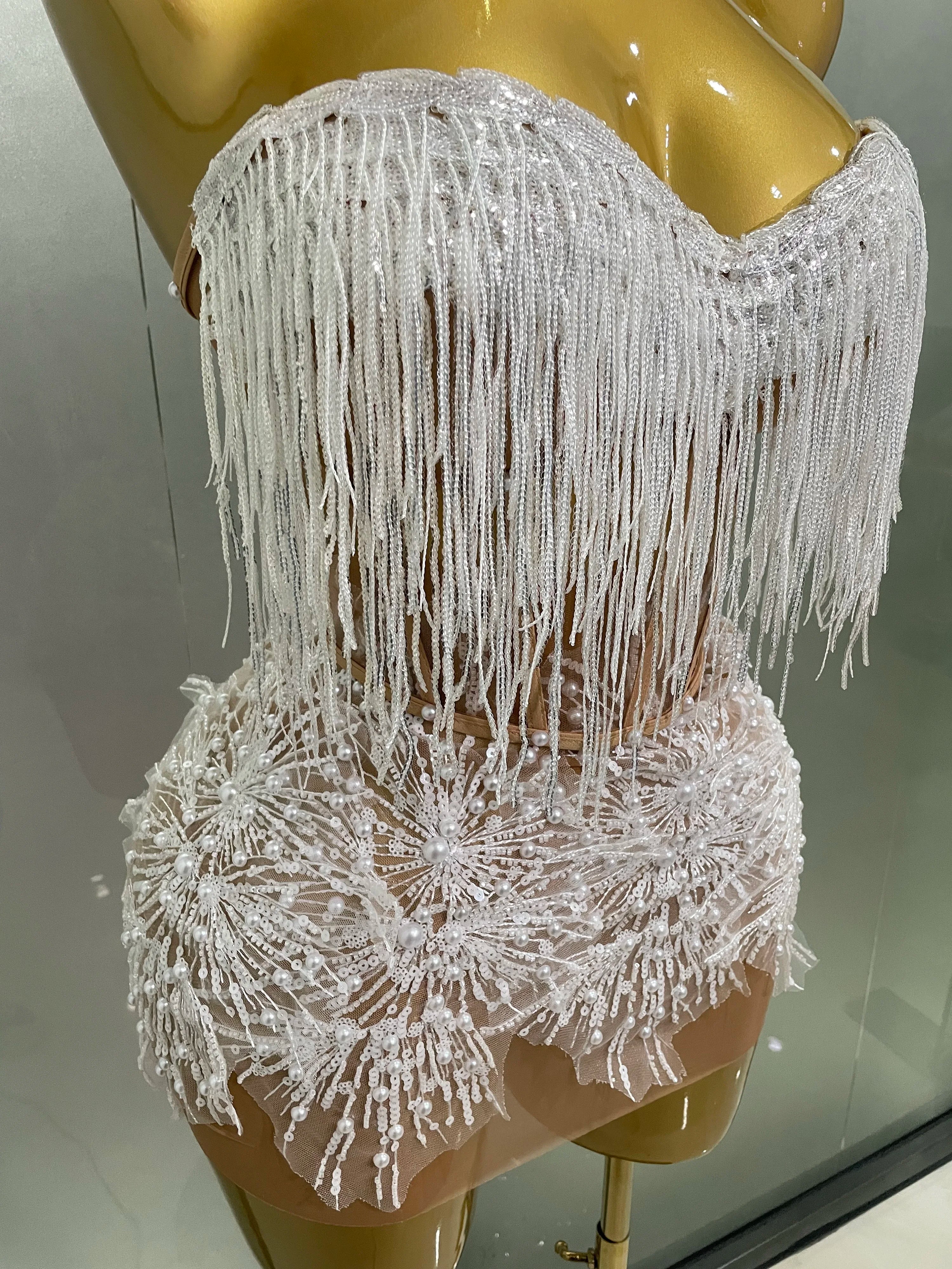 2025 Sexy Pearl Sequins Tassel Sleeveless Glitter Mini Dress Women Singer Bar Nightclub Stage Performance Clothing Show Outfit