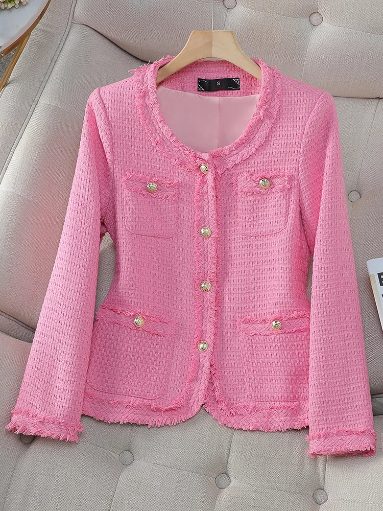 Fashion Pink Beige Blue Black Casual Ladies Blazer Women Long Sleeve Single Breasted O-Neck Slim Female Autumn Winter Jacket