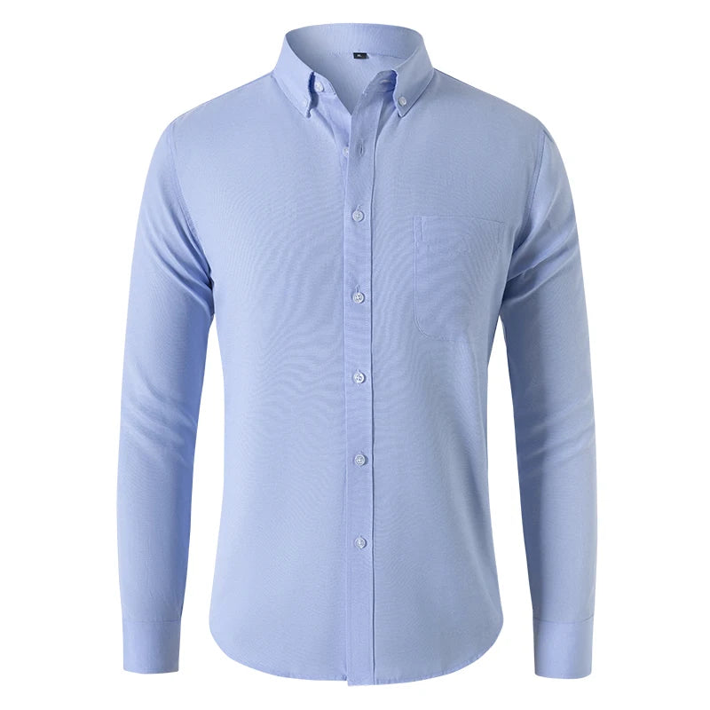 M-5XL Spring and Autumn Men's Shirt Oxford Cotton Fabric Shirt Long Sleeve Solid Color Polo Neck Shirt Business Casual Fit Top