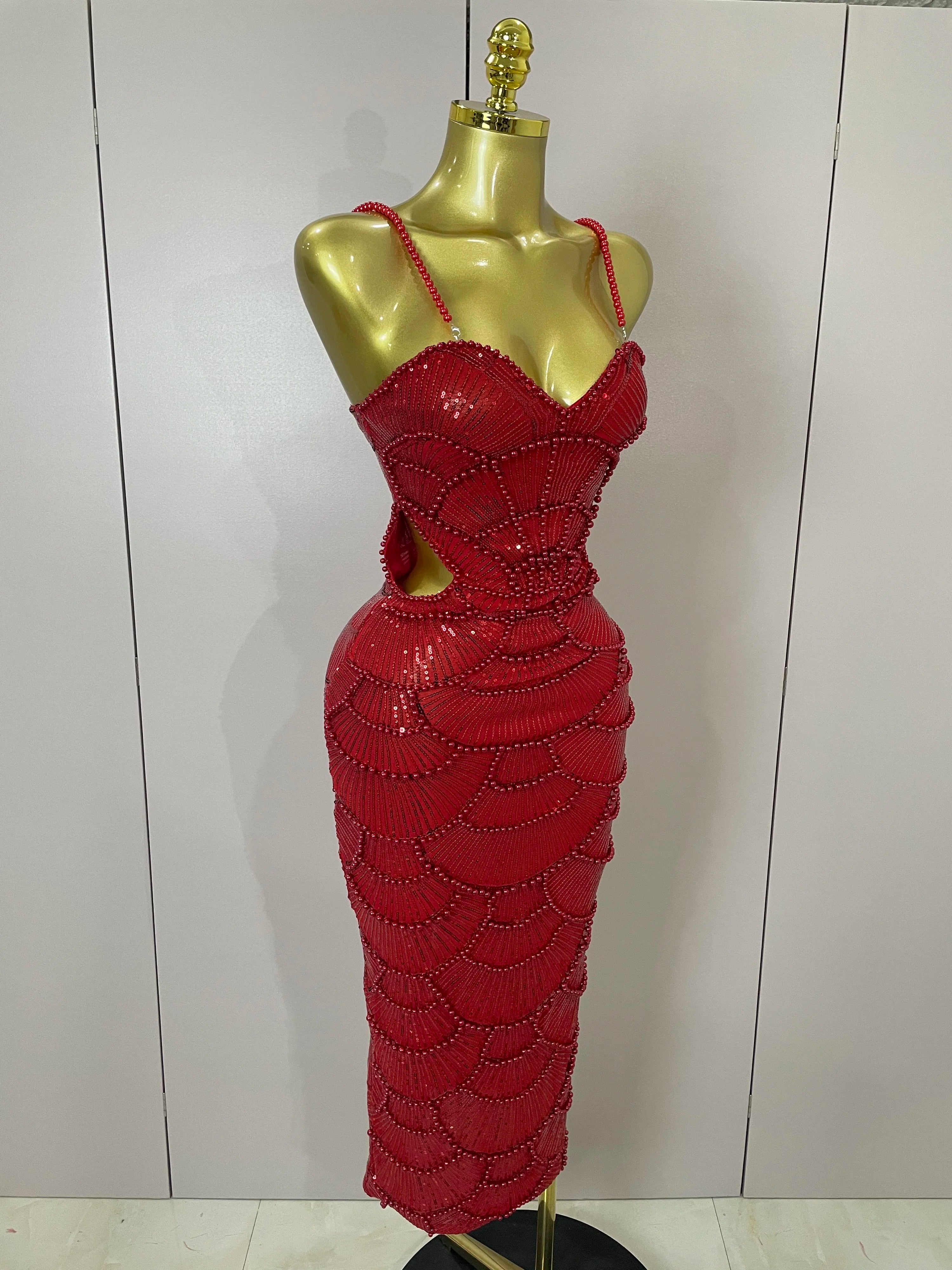 Women Hot Sale Sleeveless Sexy Strap Pearl Beading Sequins Bodycon Long Dress Celebrate Evening Party Birthday Outfit Vestido