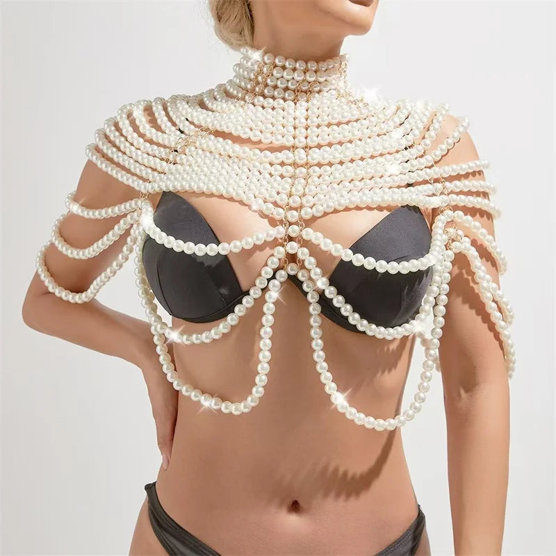 Sexy Women's Pearl Body Chains Bra Shawl Fashion Adjustable Size Shoulder Necklaces Tops Chain Wedding Dress Pearls Body Jewelry
