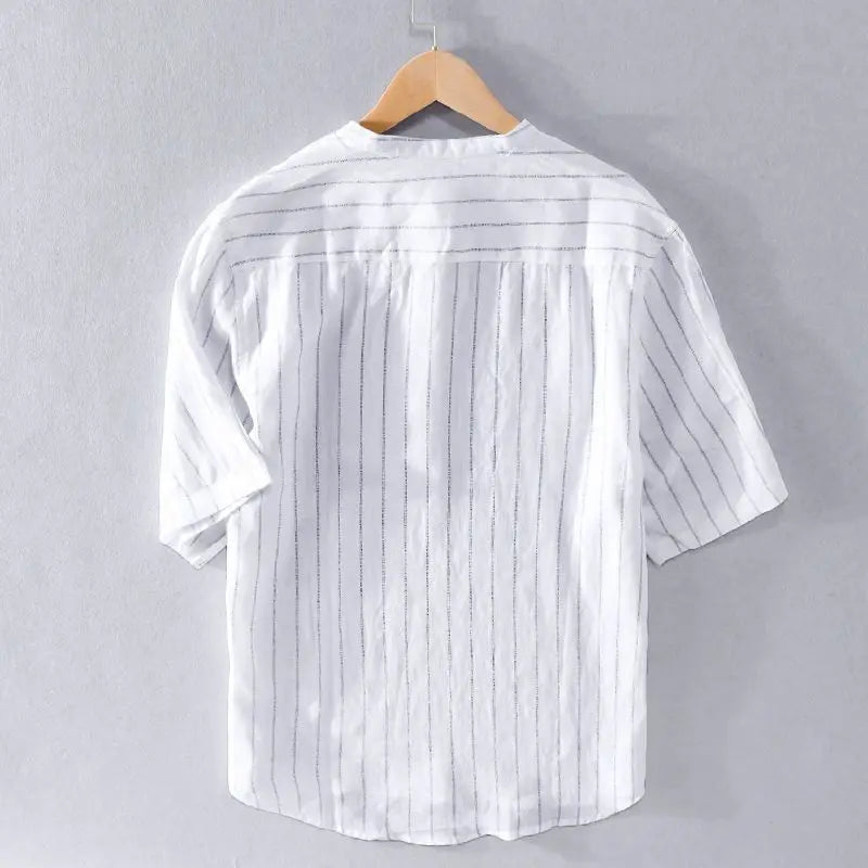 Fashionable Men's Tops Loose and Versatile Striped Stand Collar Short-sleeved Shirt for Men's Summer Fresh Breathable Pullover