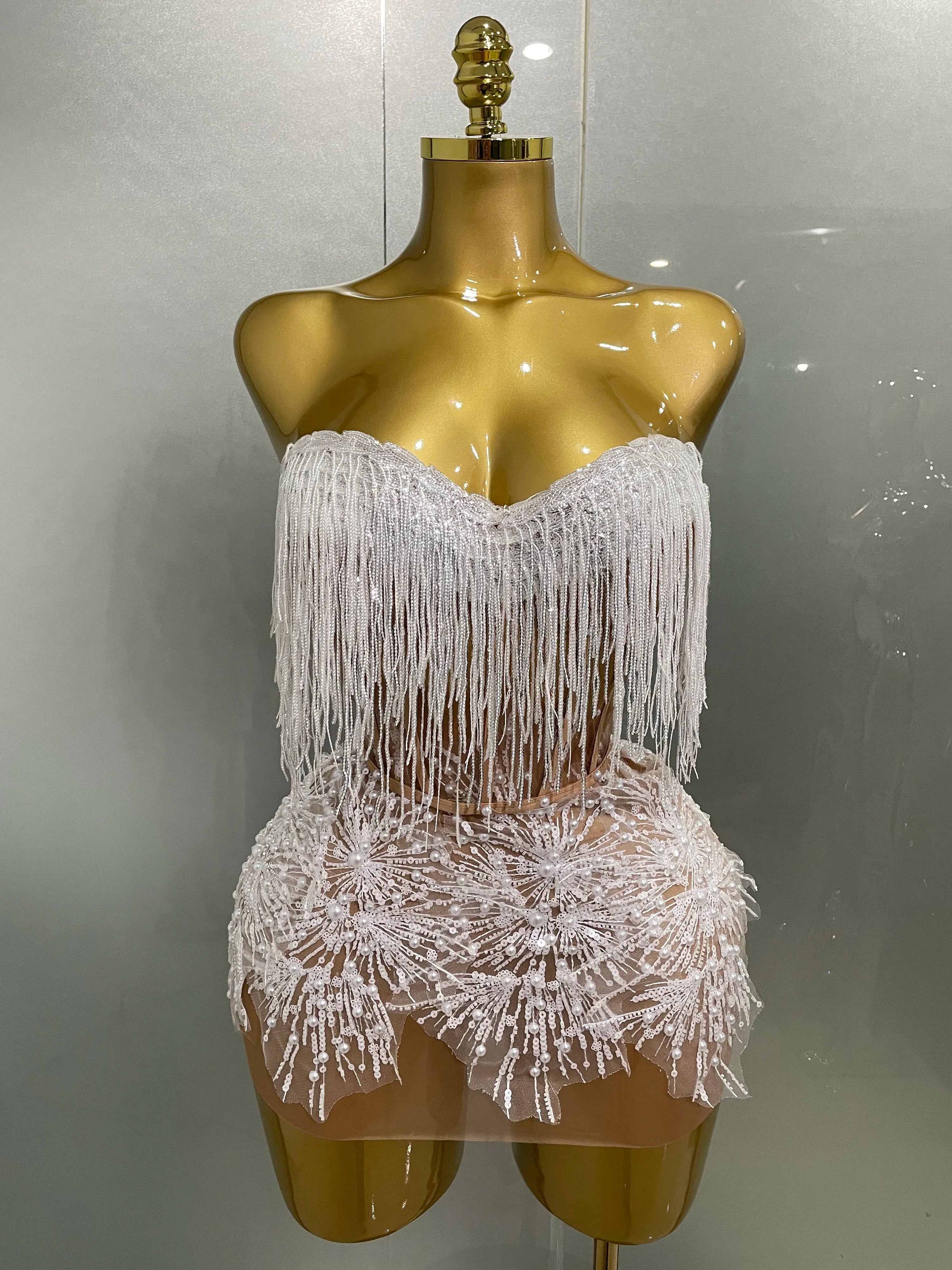 2025 Sexy Pearl Sequins Tassel Sleeveless Glitter Mini Dress Women Singer Bar Nightclub Stage Performance Clothing Show Outfit