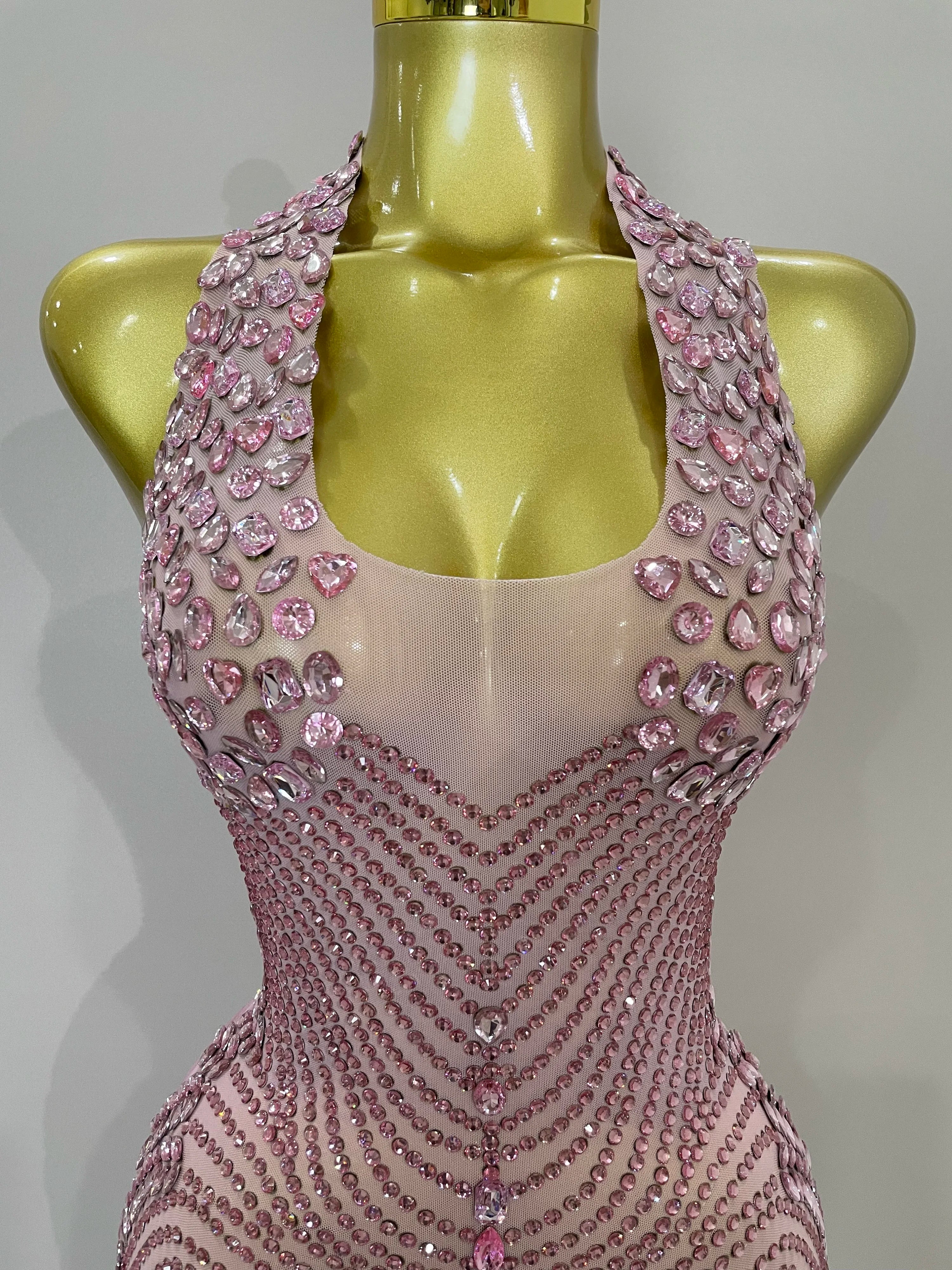 2025 New Sexy Sparkly Rhinestones Halter Backless Mesh Velour Short Dress Women Evening Prom Celebrate Birthday Party Stage Wear