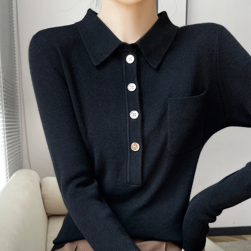 Women 100% Pure Merino Wool Soft Sweater Polo Collar Pullover Autumn Winter Casual Knit Tops Solid Color Regular Female Knitwear