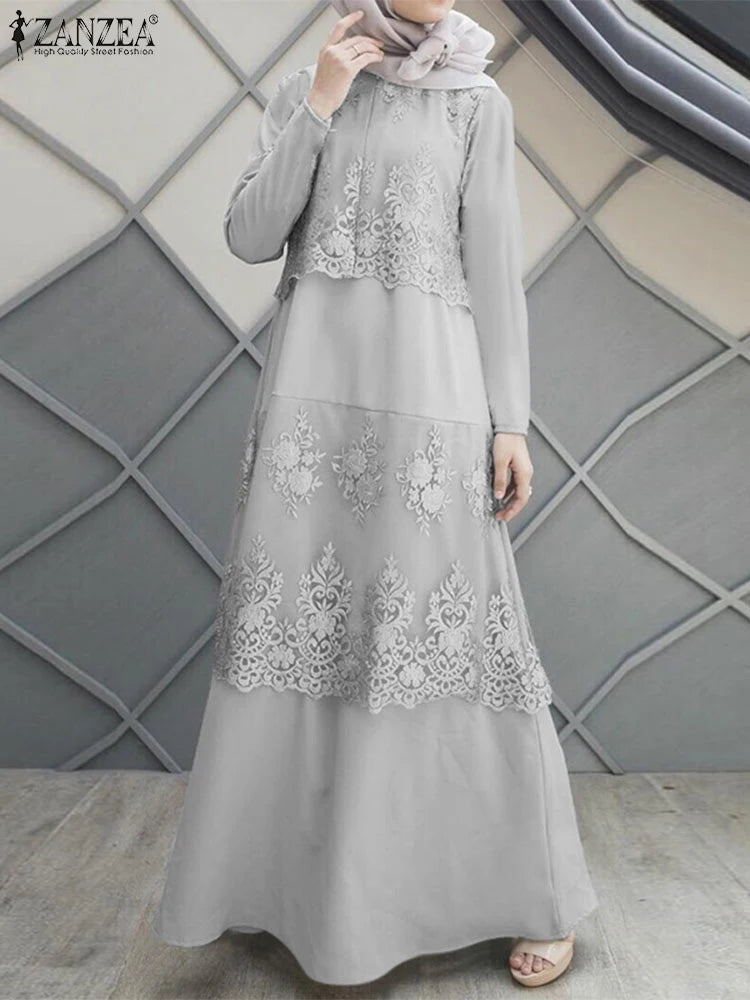 ZANZEA Autumn Lace Patchwork Maxi Dresses Muslim Abaya Hijab Dress Women Long Sleeve O Neck IsIamic Robe Vestidos Kaftan 2025