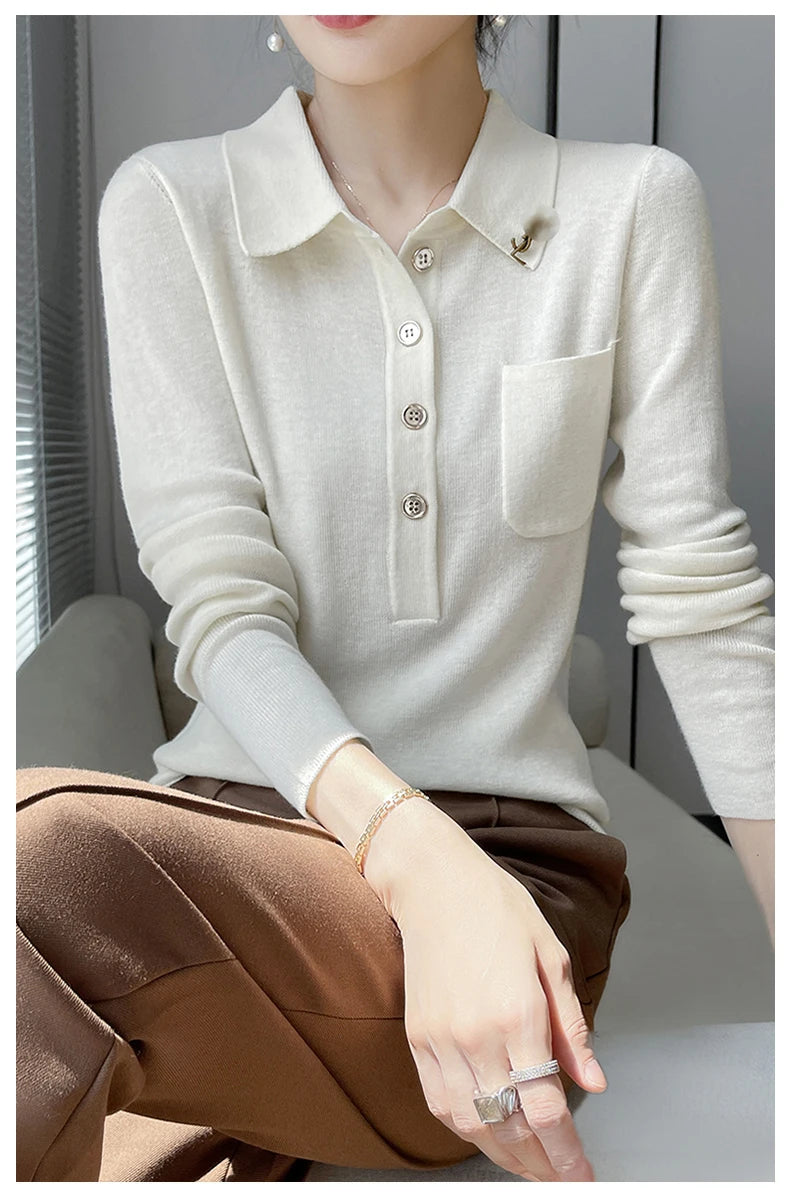 Women 100% Pure Merino Wool Soft Sweater Polo Collar Pullover Autumn Winter Casual Knit Tops Solid Color Regular Female Knitwear