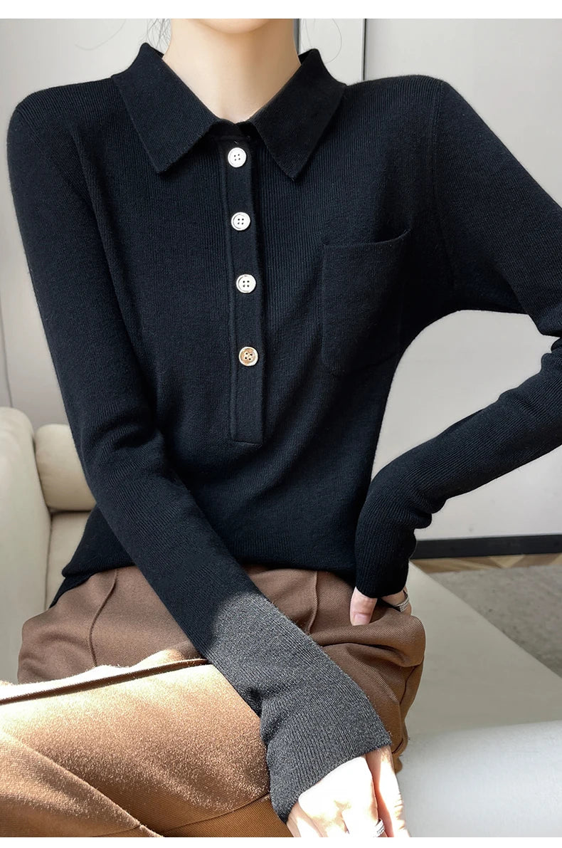 Women 100% Pure Merino Wool Soft Sweater Polo Collar Pullover Autumn Winter Casual Knit Tops Solid Color Regular Female Knitwear
