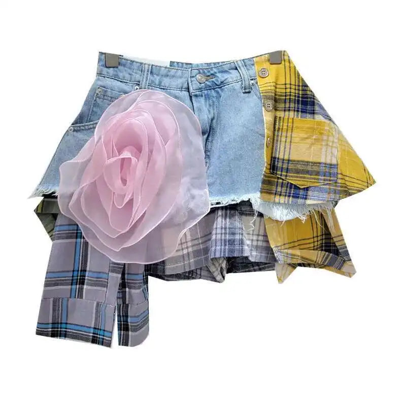 DEAT Women's Denim Skirt Colored Plaid Patchwork Irregular Deconstructed A-line High Waist Mini Skirt 2025 Summer New Fashion