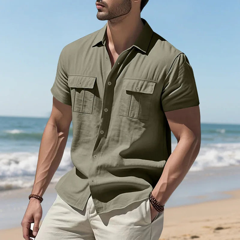 Men's Cotton Linen Short-Sleeved Shirt Summer Solid Color Stand-Up Collar Casual Beach Style plus Size S-5XL