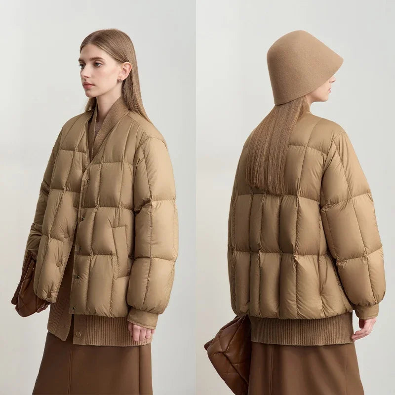 AMII 2024 Winter New Women's Shoulder Sleeves Thickened Collision Material Splicing Wool Fake Two-piece Down Jacket 12444054