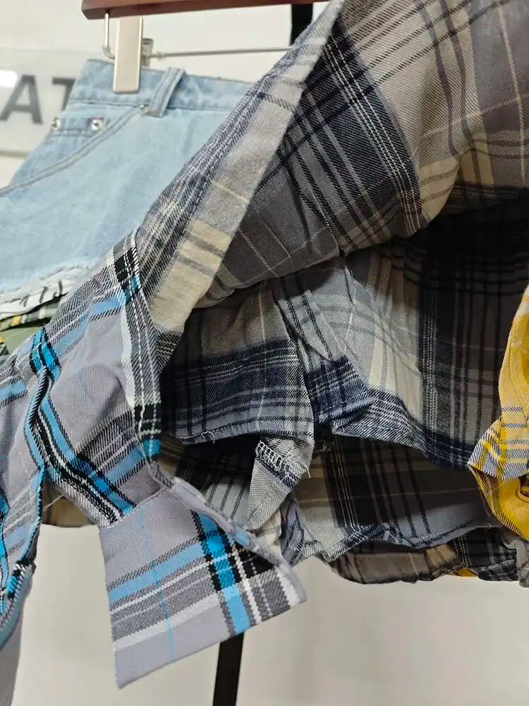 DEAT Women's Denim Skirt Colored Plaid Patchwork Irregular Deconstructed A-line High Waist Mini Skirt 2025 Summer New Fashion