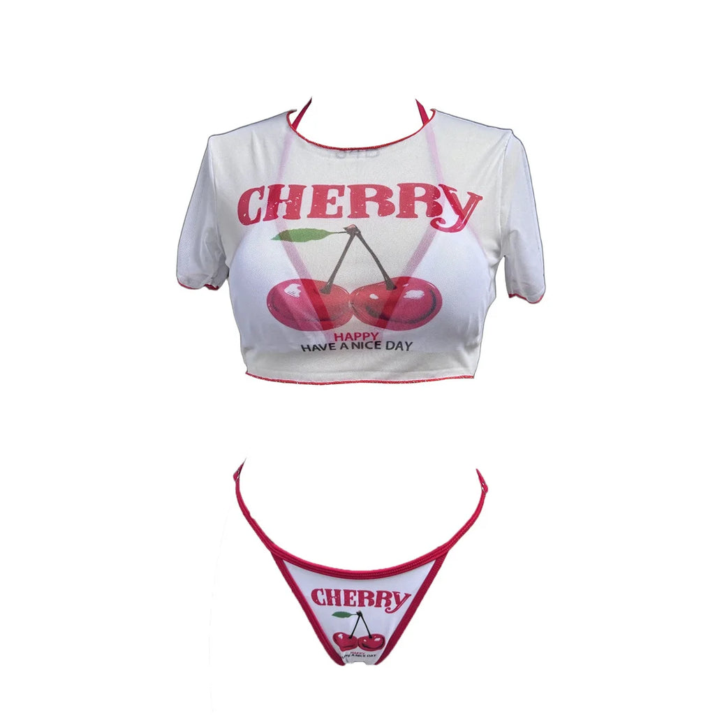 XS - L Cherry Printed Short Sleeve Bikini Female Swimsuit Women Swimwear Three-pieces Bikini set Bather Bathing Suit Swim V6854