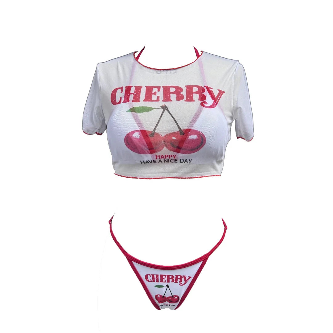 XS - L Cherry Printed Short Sleeve Bikini Female Swimsuit Women Swimwear Three-pieces Bikini set Bather Bathing Suit Swim V6854