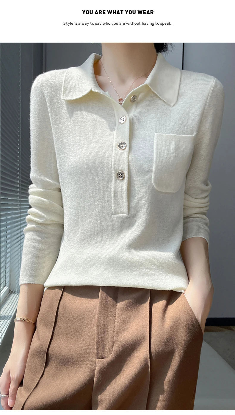 Women 100% Pure Merino Wool Soft Sweater Polo Collar Pullover Autumn Winter Casual Knit Tops Solid Color Regular Female Knitwear