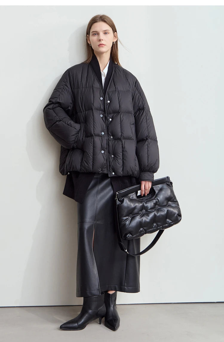 AMII 2024 Winter New Women's Shoulder Sleeves Thickened Collision Material Splicing Wool Fake Two-piece Down Jacket 12444054