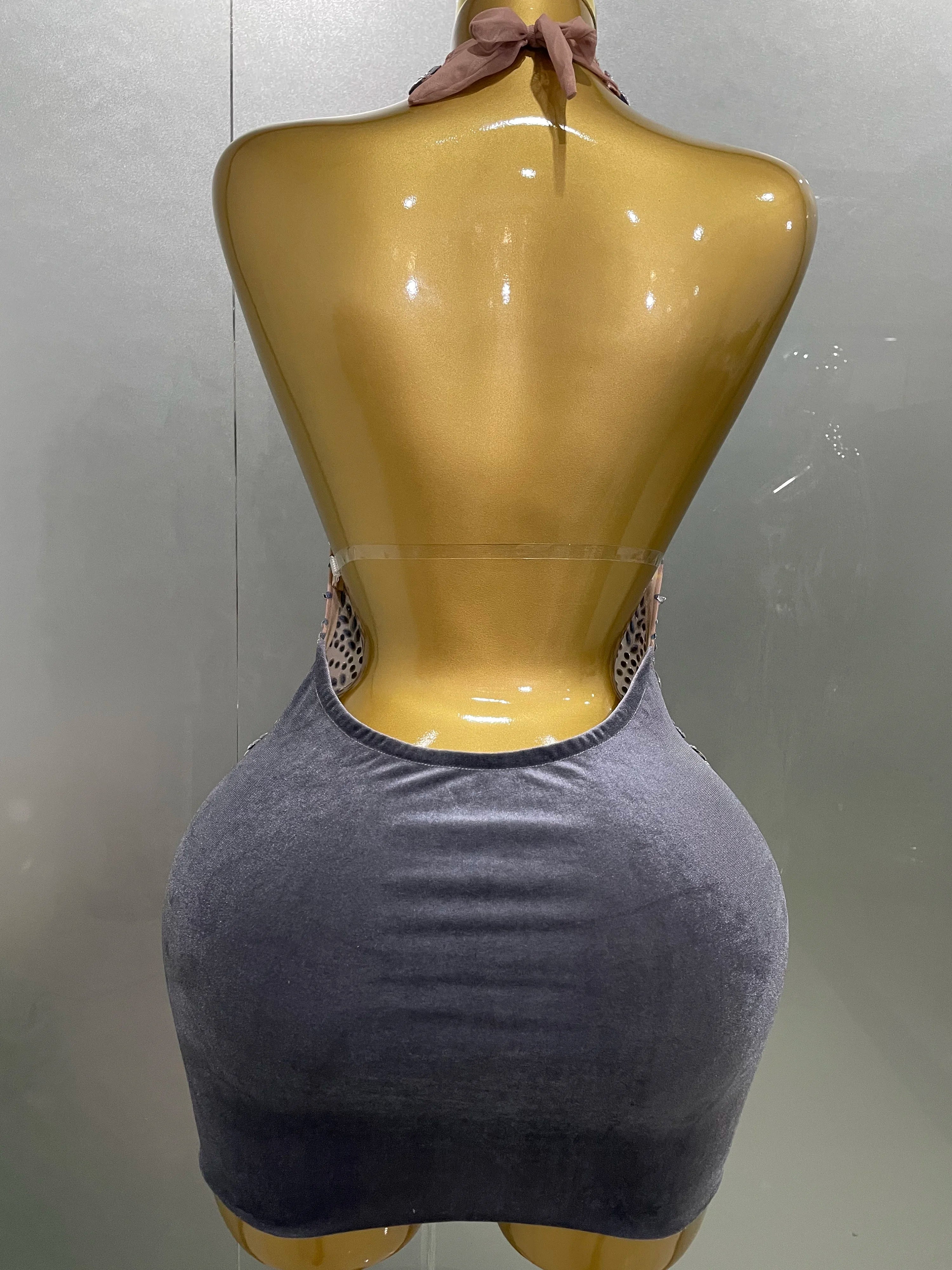 2025 New Sexy Sparkly Rhinestones Halter Backless Mesh Velour Short Dress Women Evening Prom Celebrate Birthday Party Stage Wear