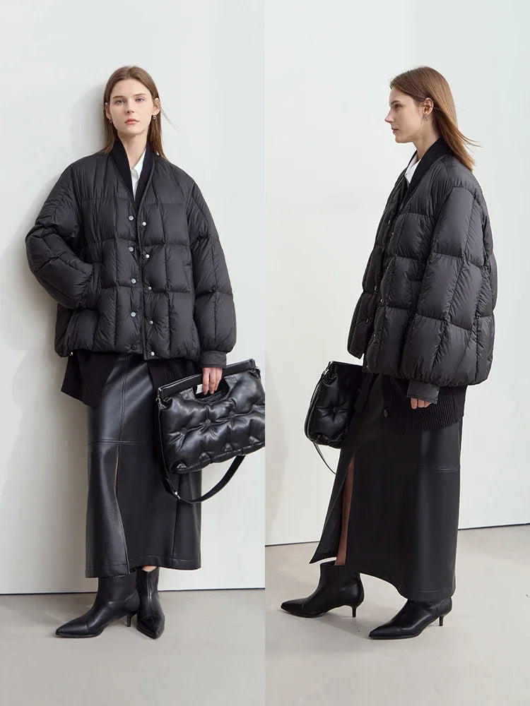 AMII 2024 Winter New Women's Shoulder Sleeves Thickened Collision Material Splicing Wool Fake Two-piece Down Jacket 12444054