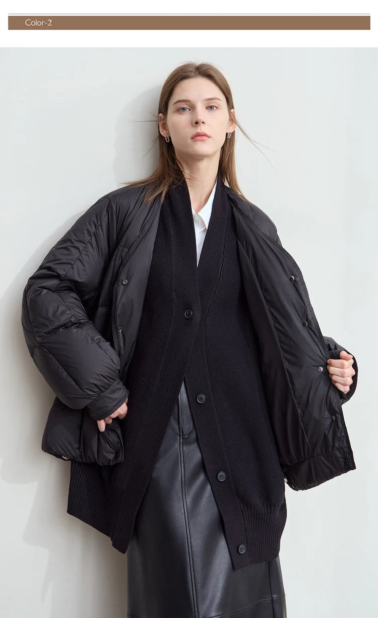 AMII 2024 Winter New Women's Shoulder Sleeves Thickened Collision Material Splicing Wool Fake Two-piece Down Jacket 12444054