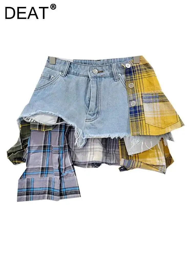 DEAT Women's Denim Skirt Colored Plaid Patchwork Irregular Deconstructed A-line High Waist Mini Skirt 2025 Summer New Fashion