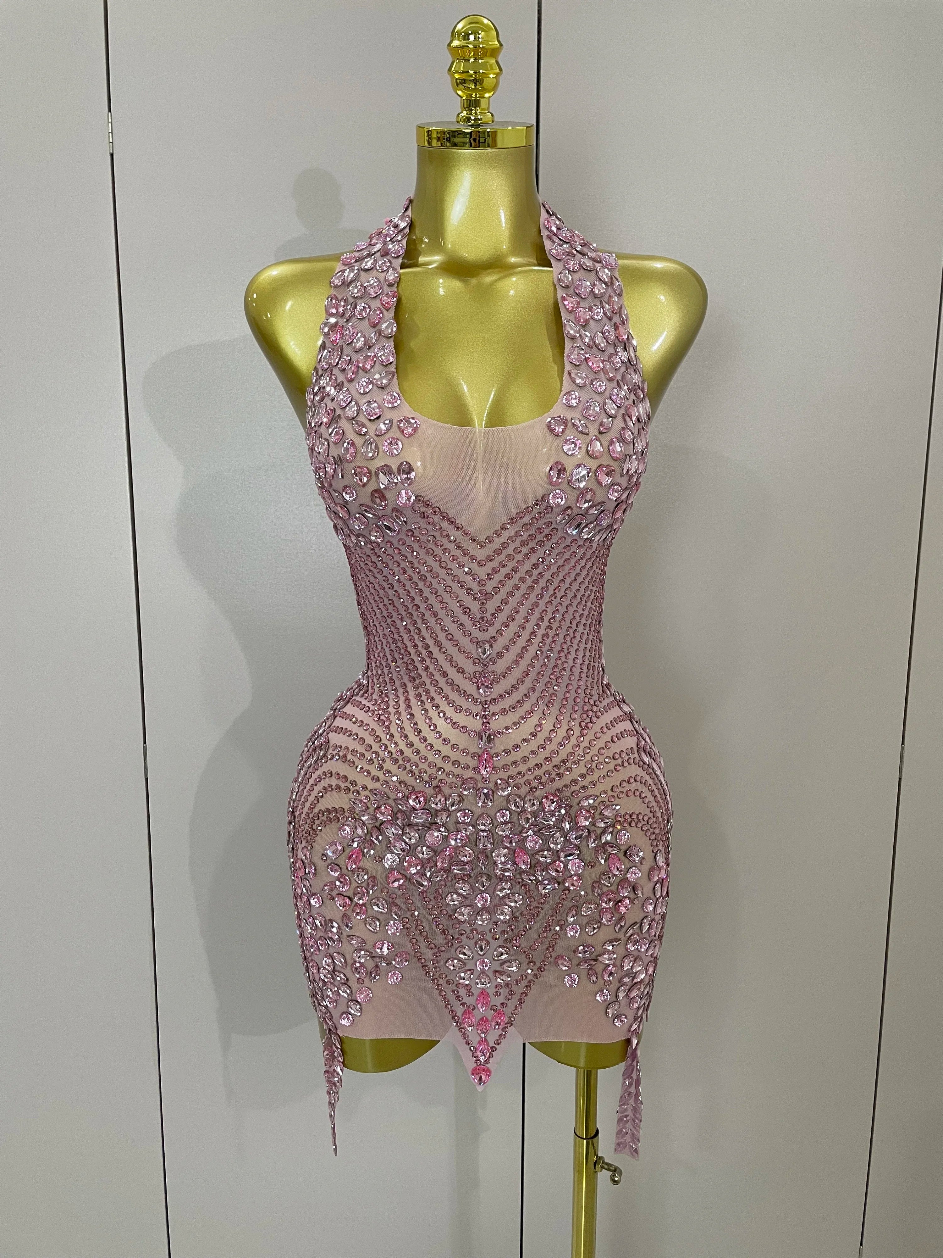 2025 New Sexy Sparkly Rhinestones Halter Backless Mesh Velour Short Dress Women Evening Prom Celebrate Birthday Party Stage Wear