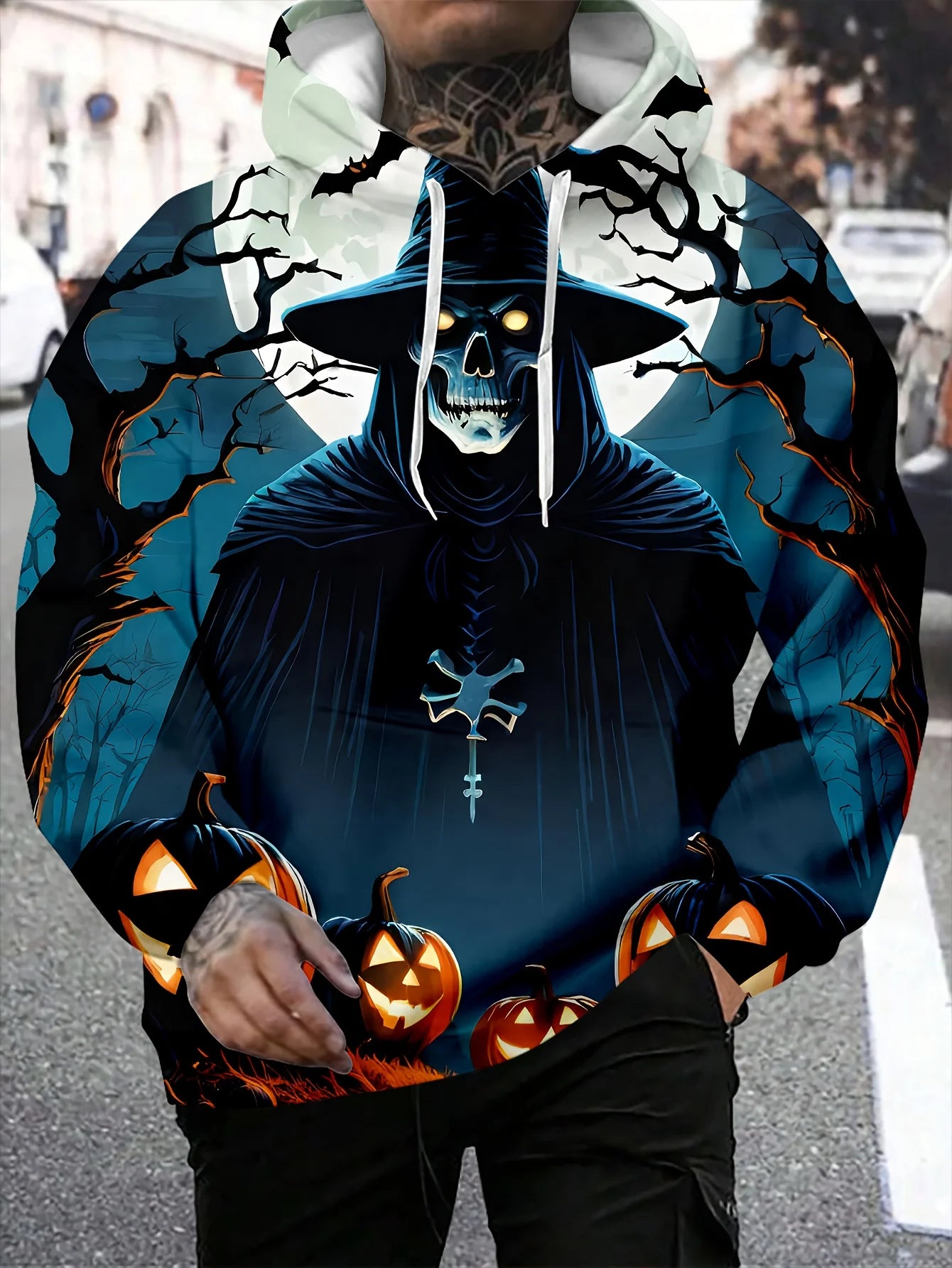 Halloween Theme Men's Sweatshirt | Ghost Face Print Long Sleeve Hoodie | Fashion Versatile Drawstring Hooded Fall Jacket