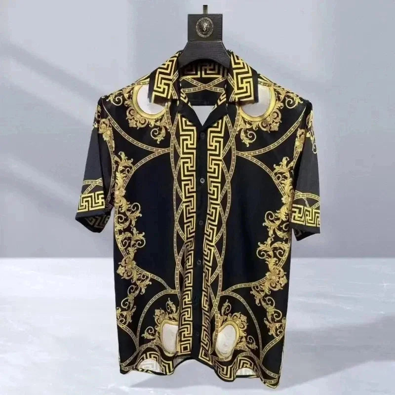 2025 men's high-quality short sleeved shirt with luxurious golden Baroque string print, Cuban collar shirt, suitable for street