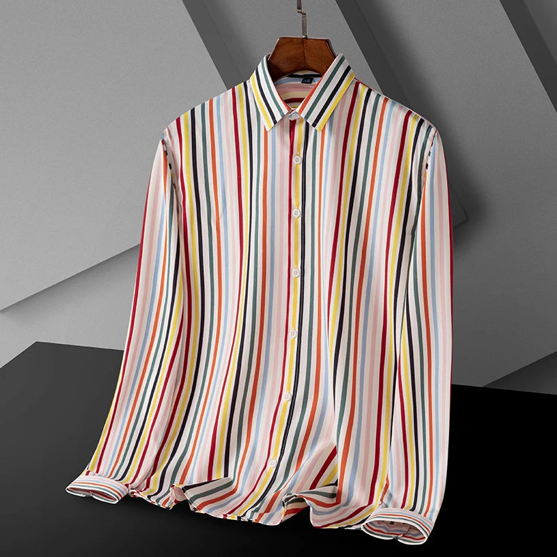 Men Spring Summer Comfortable Vertical Striped Strech Mens Dress Shirts Long Sleeve Soft Business Work Shirt  No Pocket Male