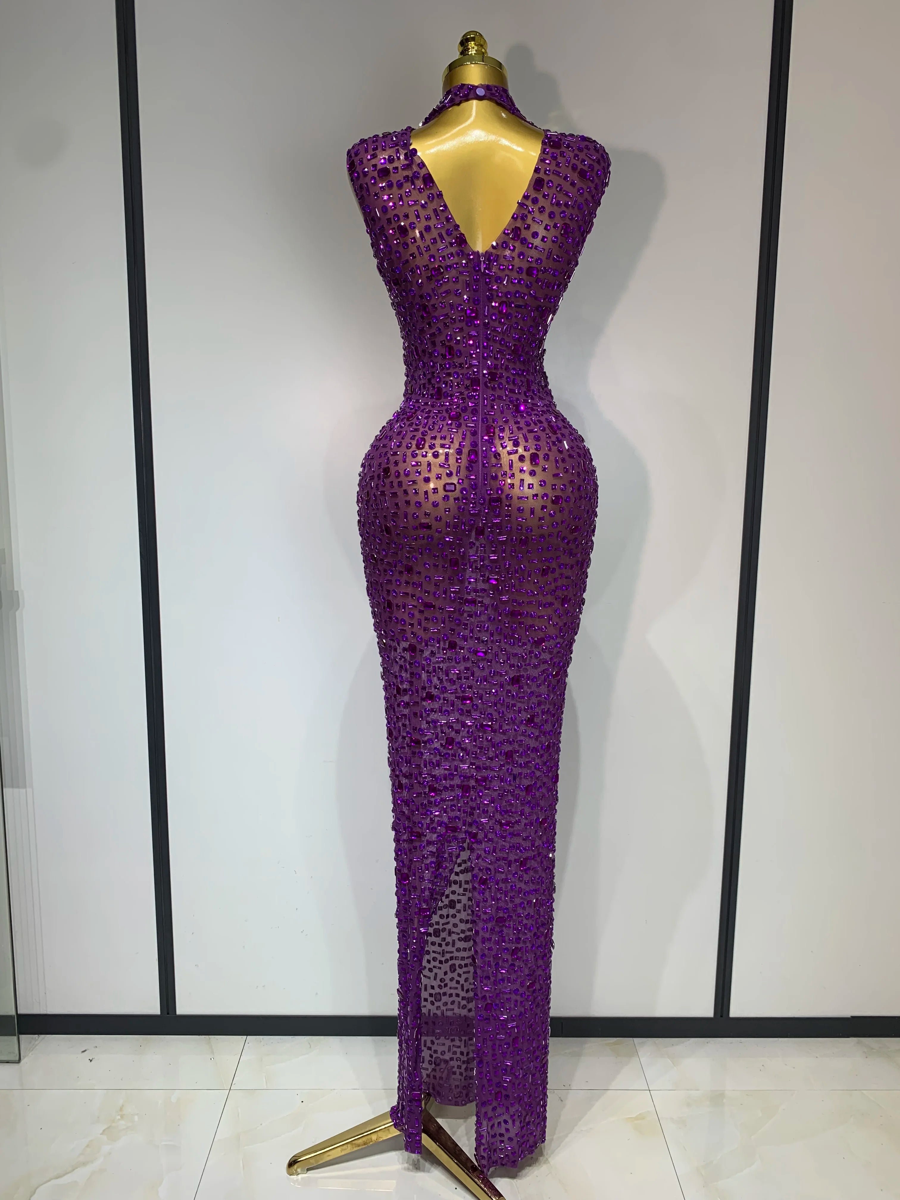 Sparkly Rhinestone Sleeveless Stretch Long Dress Women Sexy Mesh Celebrate Evening Prom Luxury Birthday Dress Evening Party Wear