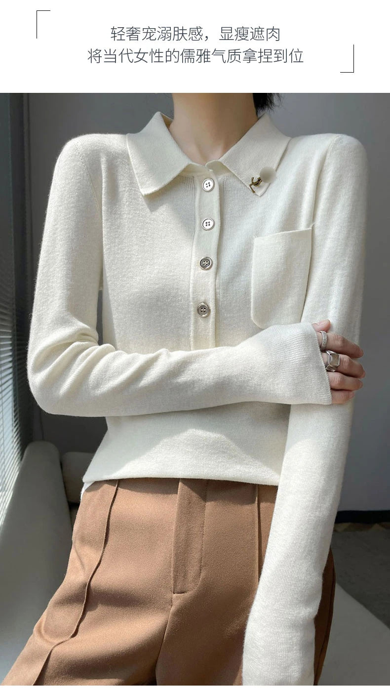 Women 100% Pure Merino Wool Soft Sweater Polo Collar Pullover Autumn Winter Casual Knit Tops Solid Color Regular Female Knitwear