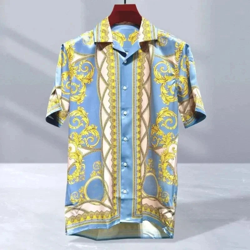 2025 men's high-quality short sleeved shirt with luxurious golden Baroque string print, Cuban collar shirt, suitable for street