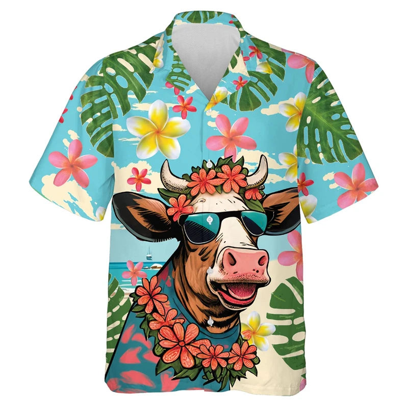 Funny Cool Cow Shirts Men's Clothing Lapel Button Shirt Hawaiian 3D Printed Casual Fashion Personality Pattern Trendy Blouse