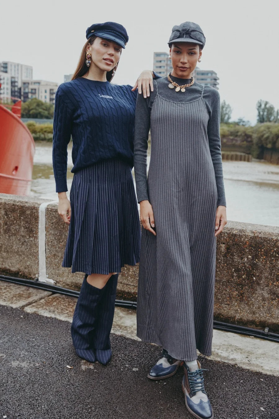 AS AW25 pinstripe collection slip dress + knit mockneck top + embroidery cableknit + stripe pleat skirt