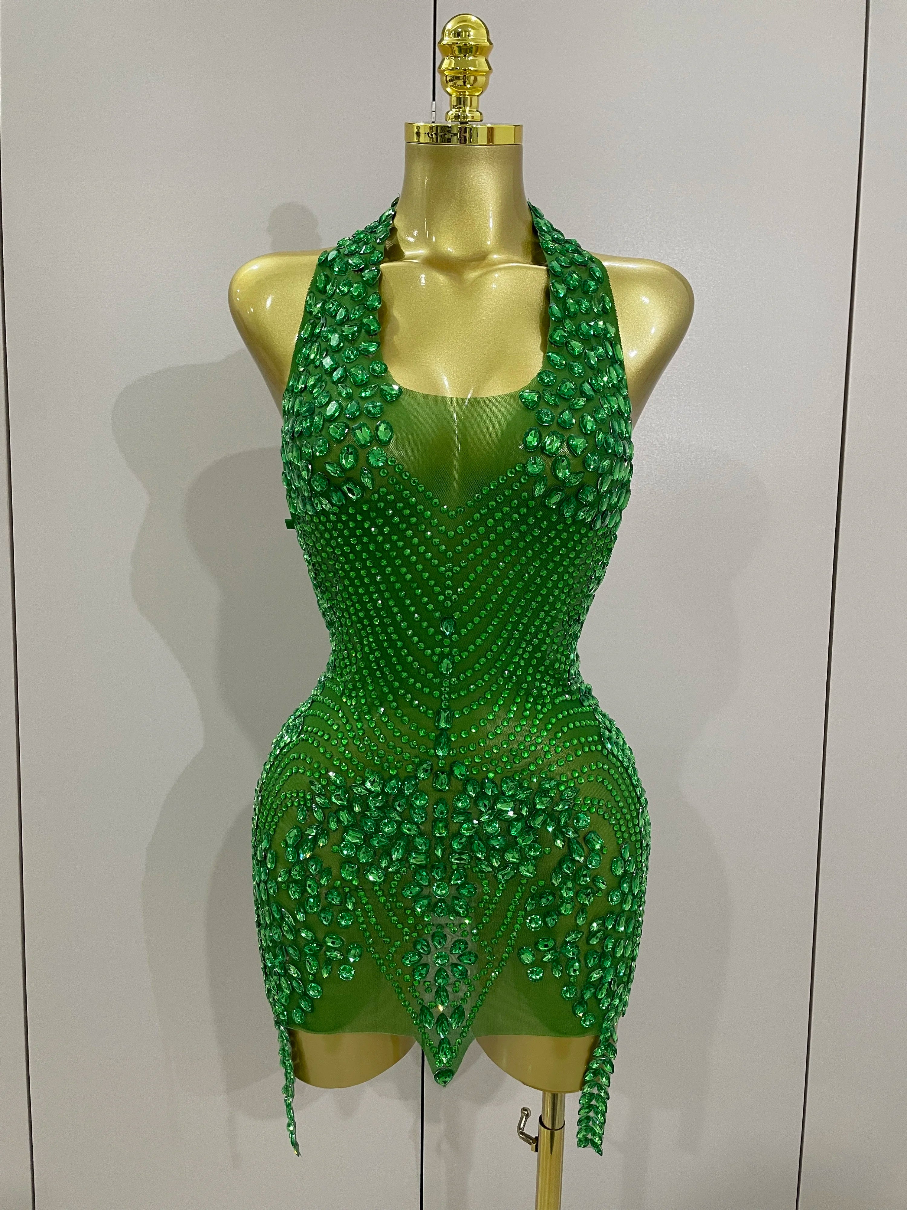 2025 New Sexy Sparkly Rhinestones Halter Backless Mesh Velour Short Dress Women Evening Prom Celebrate Birthday Party Stage Wear