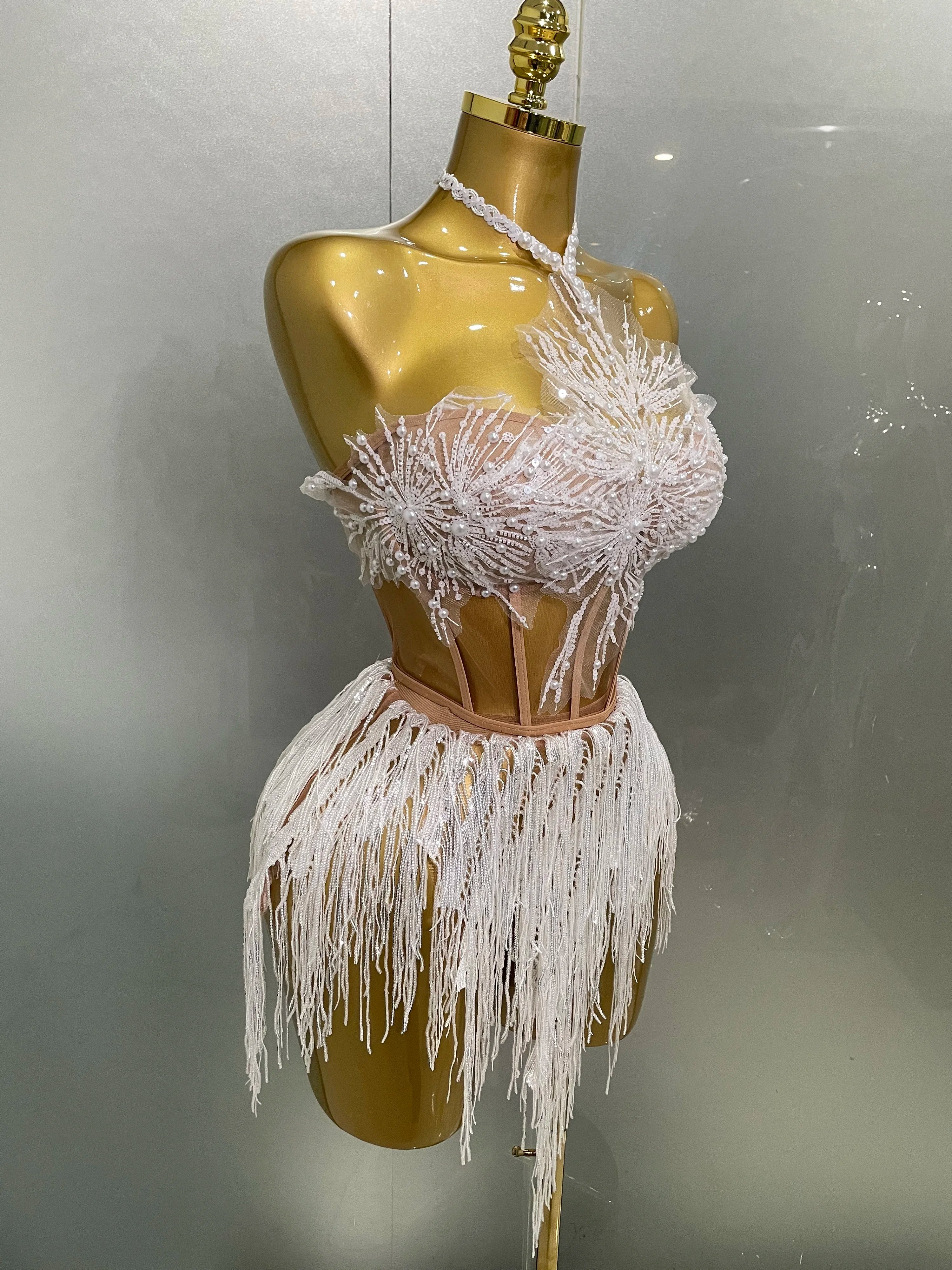 2025 Sexy Pearl Sequins Tassel Sleeveless Glitter Mini Dress Women Singer Bar Nightclub Stage Performance Clothing Show Outfit