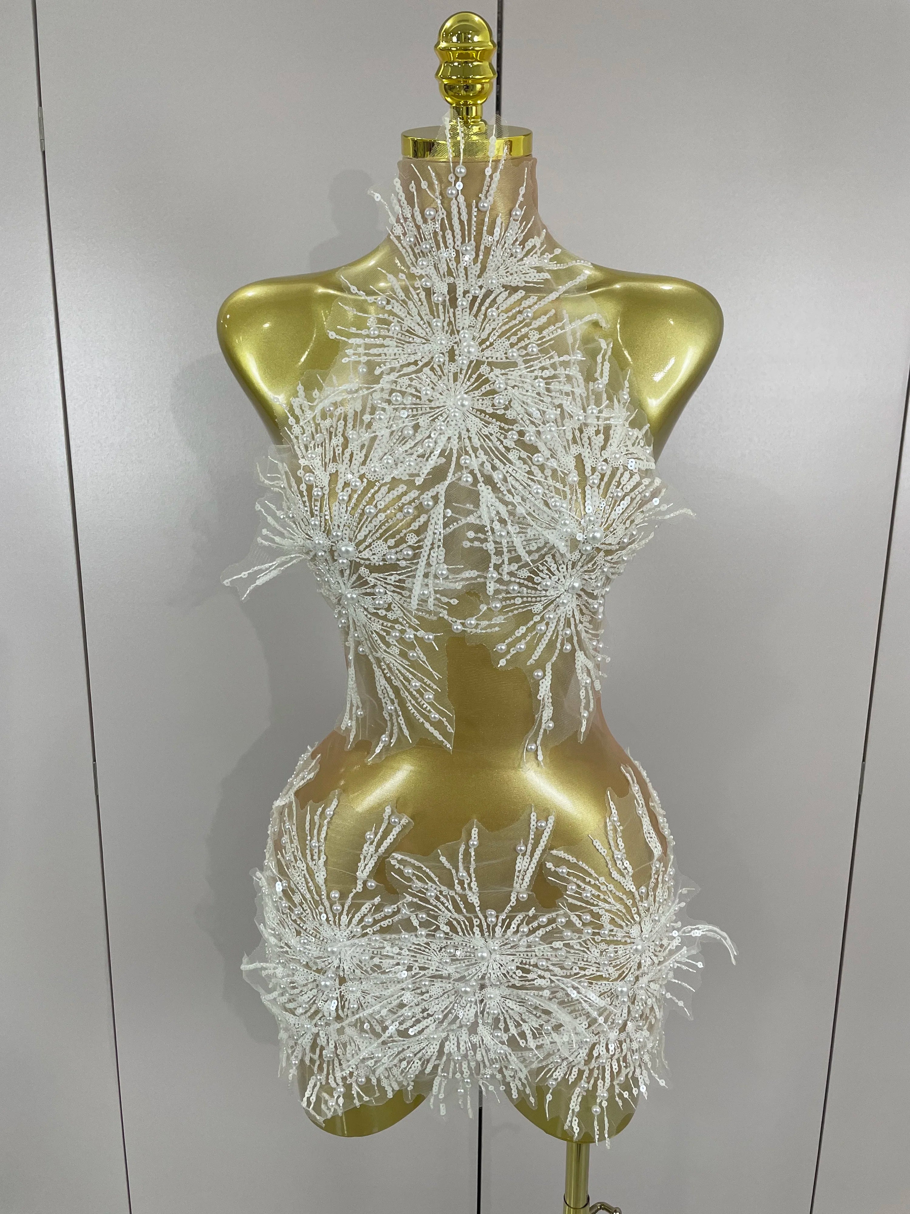 2025 Sexy Pearl Sequins Tassel Sleeveless Glitter Mini Dress Women Singer Bar Nightclub Stage Performance Clothing Show Outfit