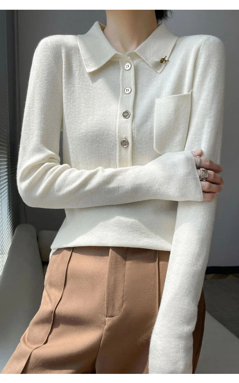 Women 100% Pure Merino Wool Soft Sweater Polo Collar Pullover Autumn Winter Casual Knit Tops Solid Color Regular Female Knitwear