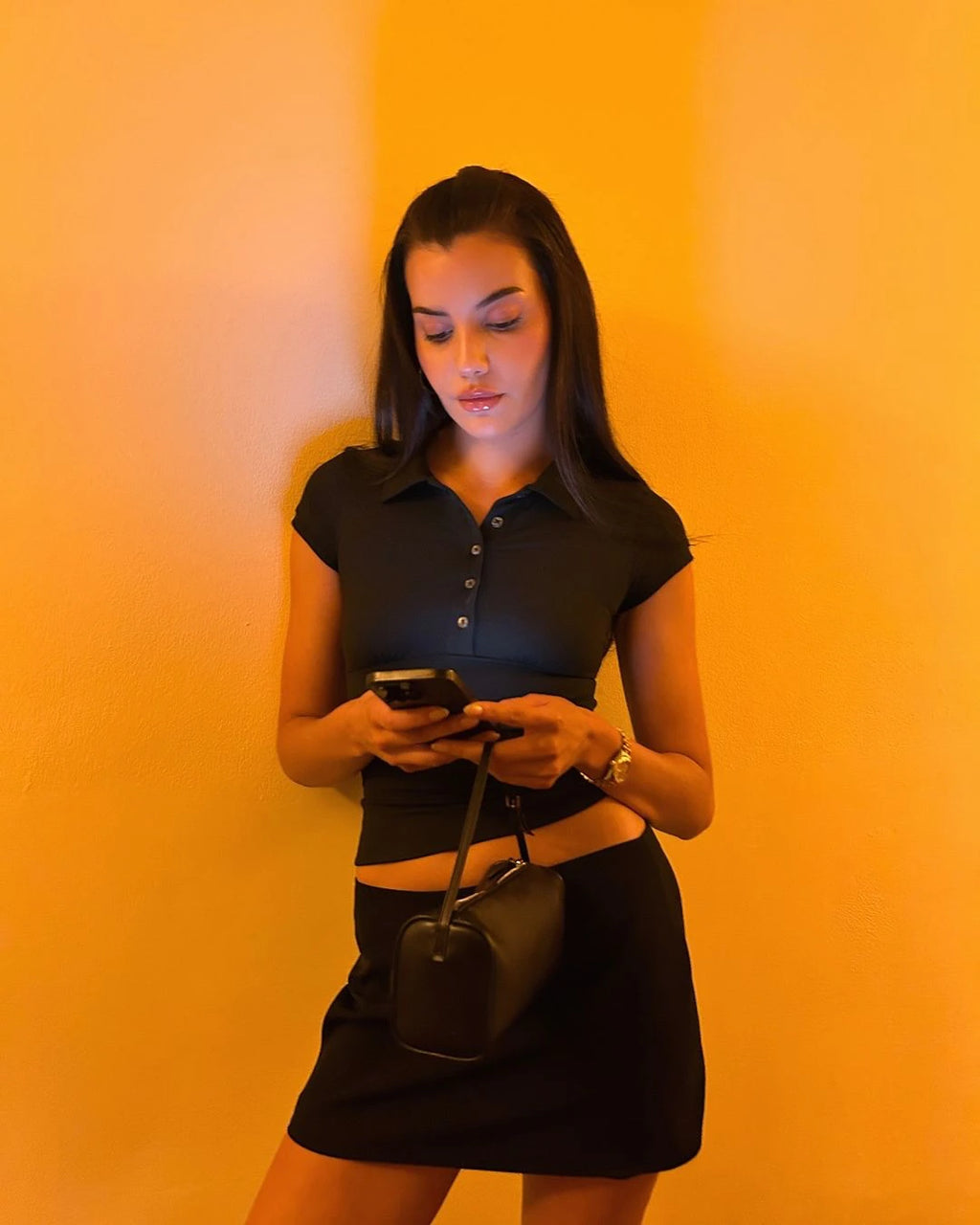 Tank Black Polo Collar T-Shirt Slim Sexy Short-Sleeved Summer Women's Short Top