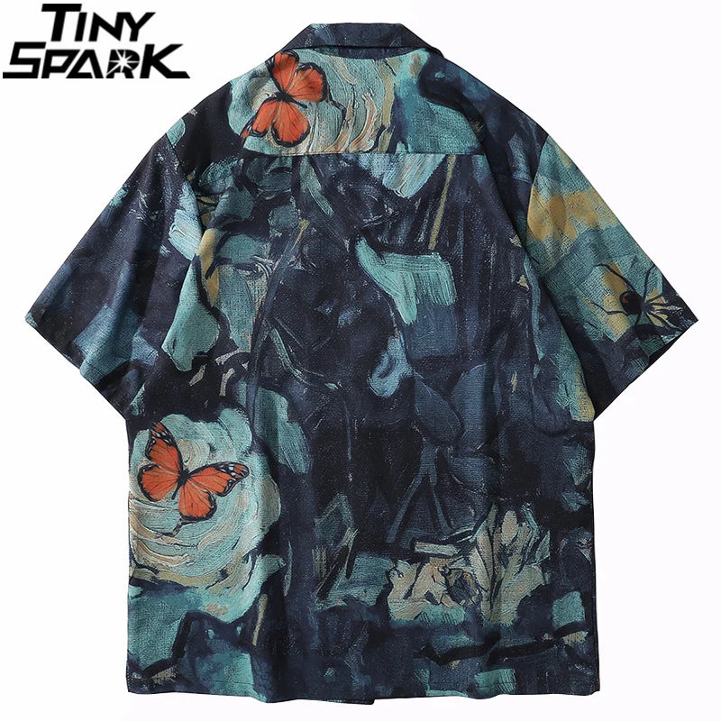 2025 Men Harajuku Hawaiian Shirt Hip Hop Streetwear Butterfly Painting Print Beach Shirt Summer Short Sleeve Aloha Shirt Casual