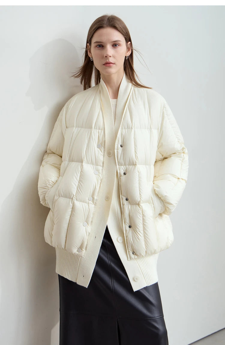 AMII 2024 Winter New Women's Shoulder Sleeves Thickened Collision Material Splicing Wool Fake Two-piece Down Jacket 12444054