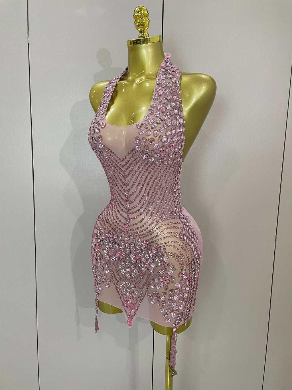 2025 New Sexy Sparkly Rhinestones Halter Backless Mesh Velour Short Dress Women Evening Prom Celebrate Birthday Party Stage Wear