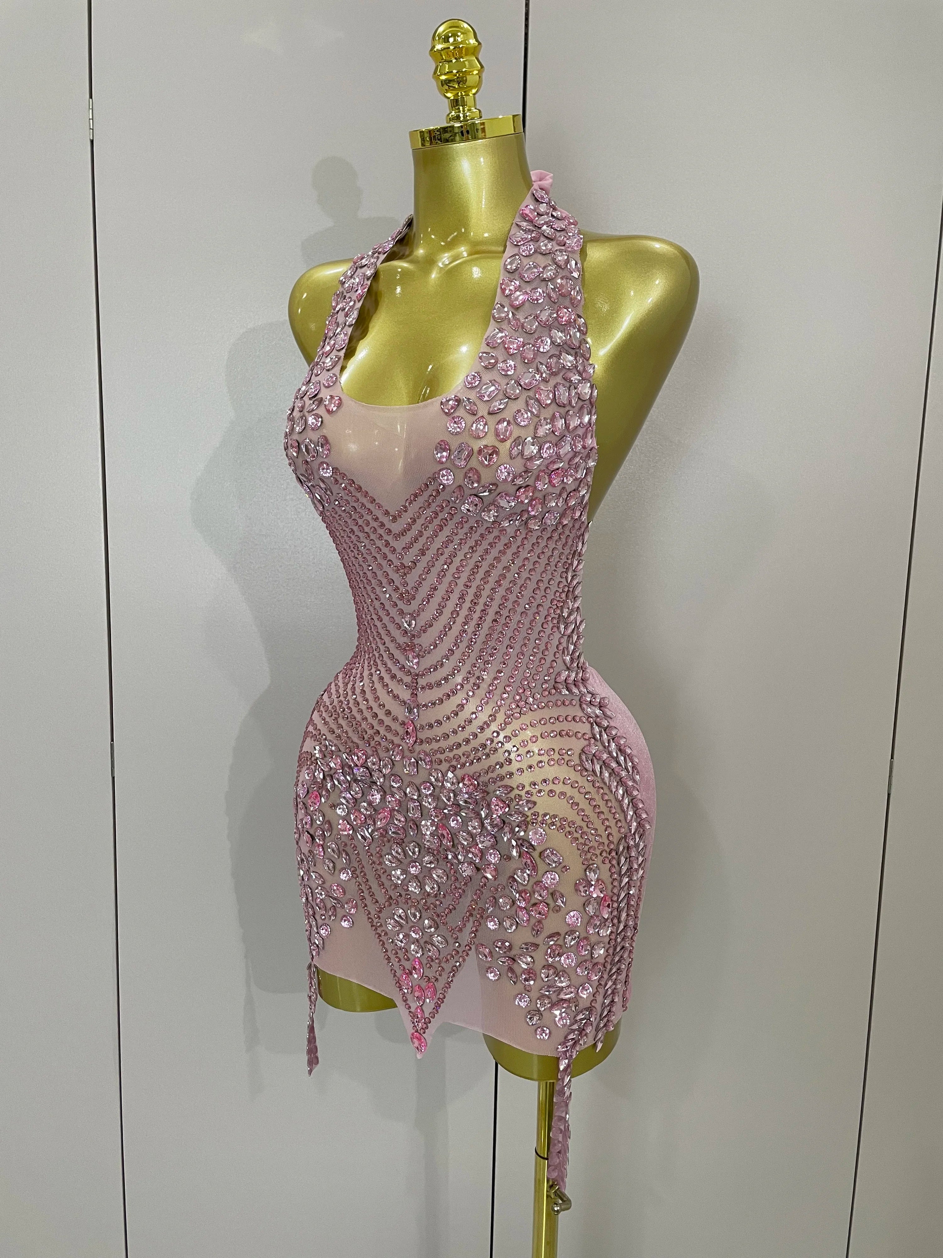 2025 New Sexy Sparkly Rhinestones Halter Backless Mesh Velour Short Dress Women Evening Prom Celebrate Birthday Party Stage Wear