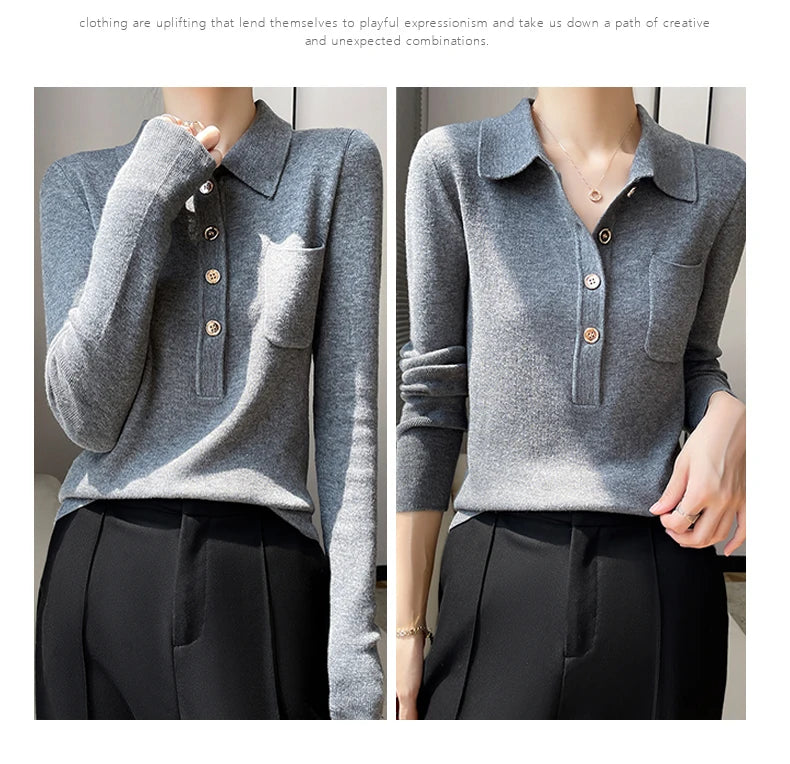 Women 100% Pure Merino Wool Soft Sweater Polo Collar Pullover Autumn Winter Casual Knit Tops Solid Color Regular Female Knitwear