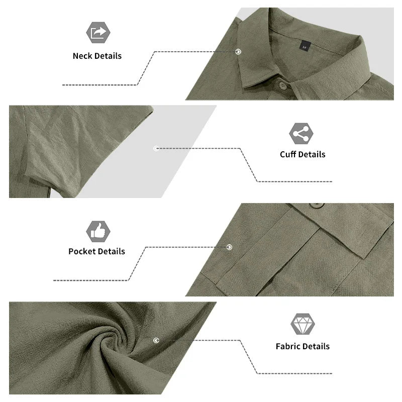 Men's Cotton Linen Short-Sleeved Shirt Summer Solid Color Stand-Up Collar Casual Beach Style plus Size S-5XL