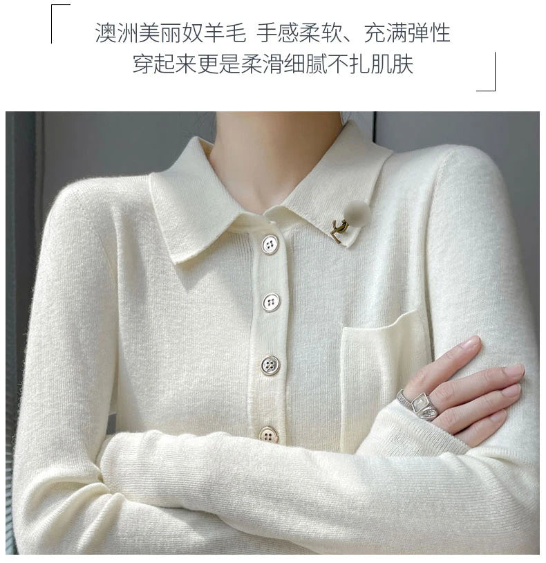 Women 100% Pure Merino Wool Soft Sweater Polo Collar Pullover Autumn Winter Casual Knit Tops Solid Color Regular Female Knitwear